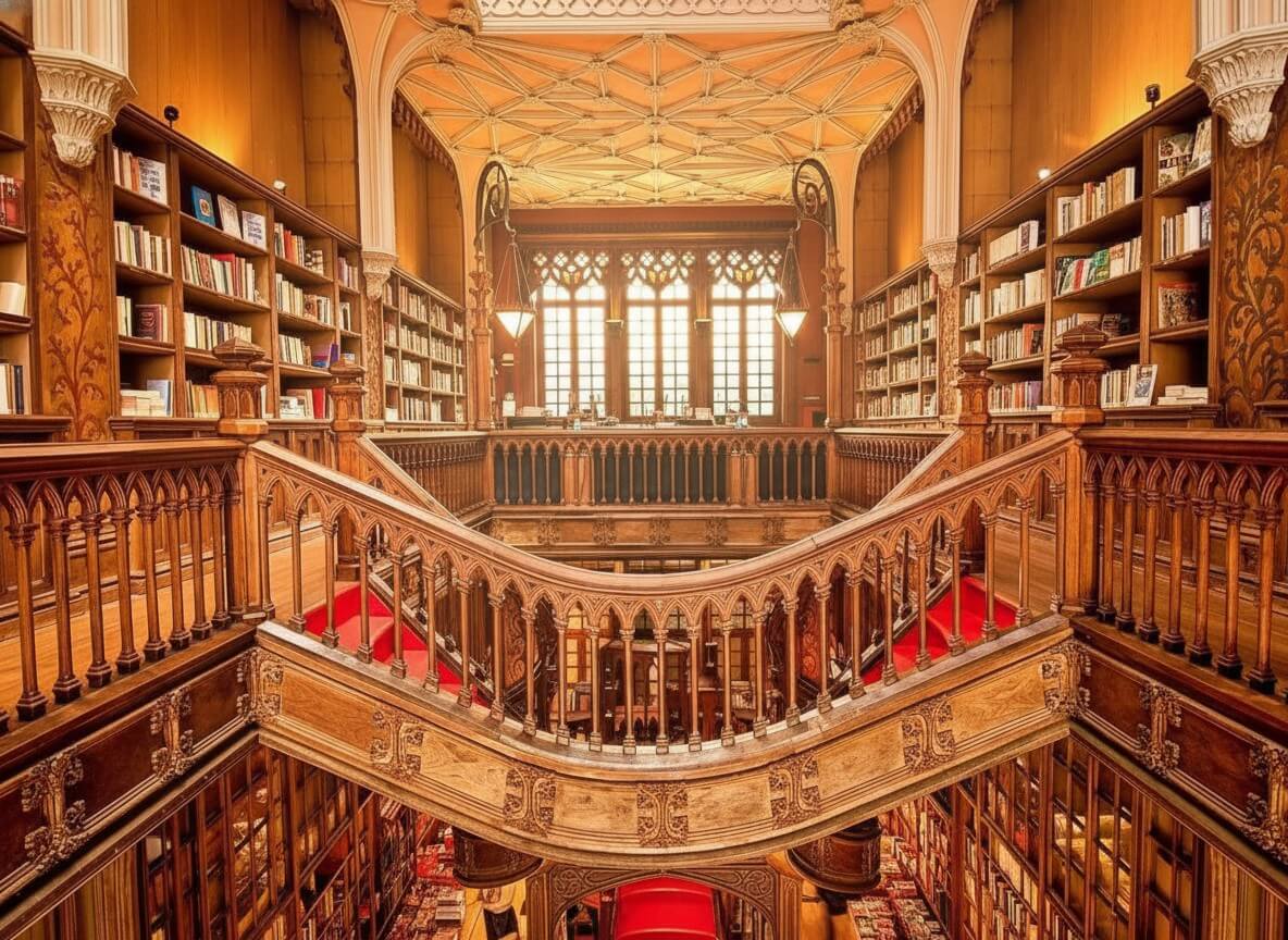 Vista panoramica del primo piano della Libreria Lello con grandi finestre